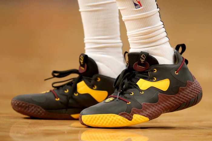 Philadelphia 76ers guard James Harden wearing the Adidas Harden Vol. 6.